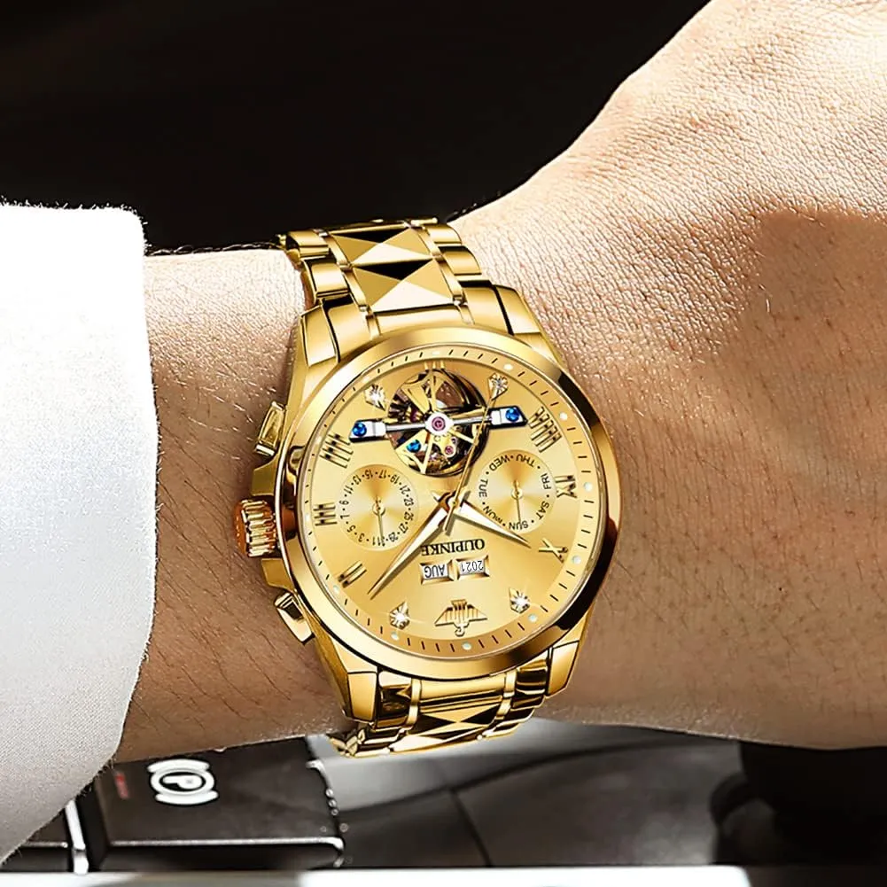 Luxury Business commentator differ achingly sweeping Dress Wrist Watch Diamond Tungsten Steel Sapphire Crystal Calendar Waterproof Luminous OUPINKE Automatic Watches for Men Skeleton Mechanical Self Winding 