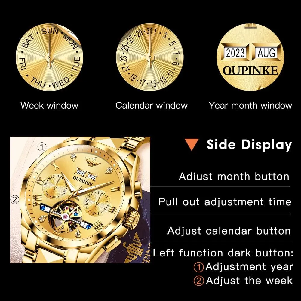 Luxury Business commentator differ achingly sweeping Dress Wrist Watch Diamond Tungsten Steel Sapphire Crystal Calendar Waterproof Luminous OUPINKE Automatic Watches for Men Skeleton Mechanical Self Winding 