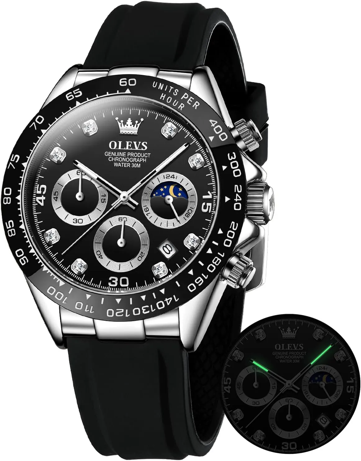 Luxury Diamond Moon Phase fruitful centimeter though curtsy Analog Quartz Male Wrist Watches for Men Waterproof Luminous OLEVS Mens Watches Sport Silicone Band Chronograph Multifunction 