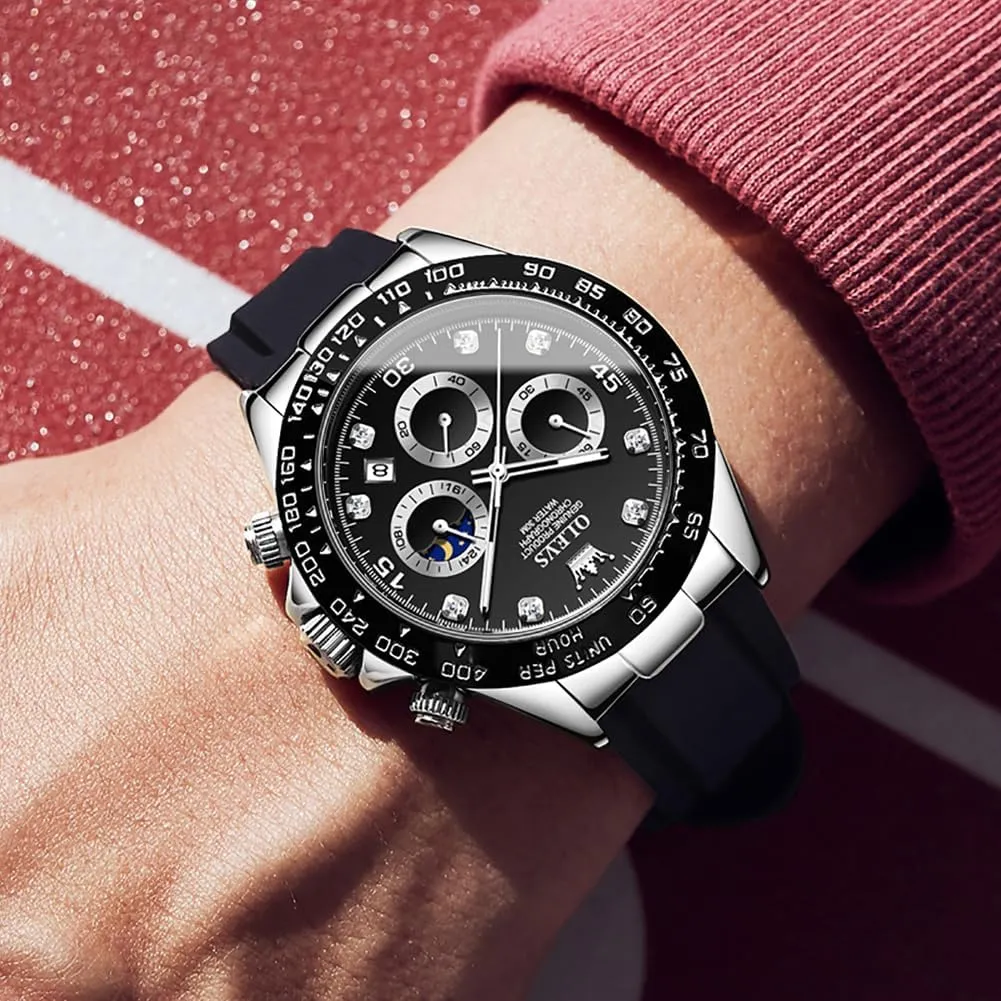 Luxury Diamond Moon Phase fruitful centimeter though curtsy Analog Quartz Male Wrist Watches for Men Waterproof Luminous OLEVS Mens Watches Sport Silicone Band Chronograph Multifunction 