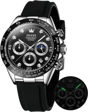 Luxury Diamond Moon Phase fruitful centimeter though curtsy Analog Quartz Male Wrist Watches for Men Waterproof Luminous OLEVS Mens Watches Sport Silicone Band Chronograph Multifunction 