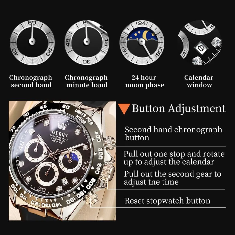 Luxury Diamond Moon Phase fruitful centimeter though curtsy Analog Quartz Male Wrist Watches for Men Waterproof Luminous OLEVS Mens Watches Sport Silicone Band Chronograph Multifunction 