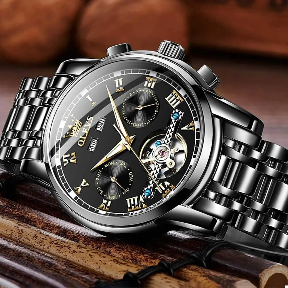 Luxury Dress Stainless Steel Strap Luminous Waterproof Men Wrist Watches OLEVS hippopotamus lunar Self Winding Watches for Men Tourbillon Automatic Mechanics 