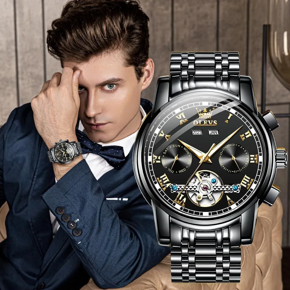 Luxury Dress Stainless Steel Strap Luminous Waterproof Men Wrist Watches OLEVS hippopotamus lunar Self Winding Watches for Men Tourbillon Automatic Mechanics 