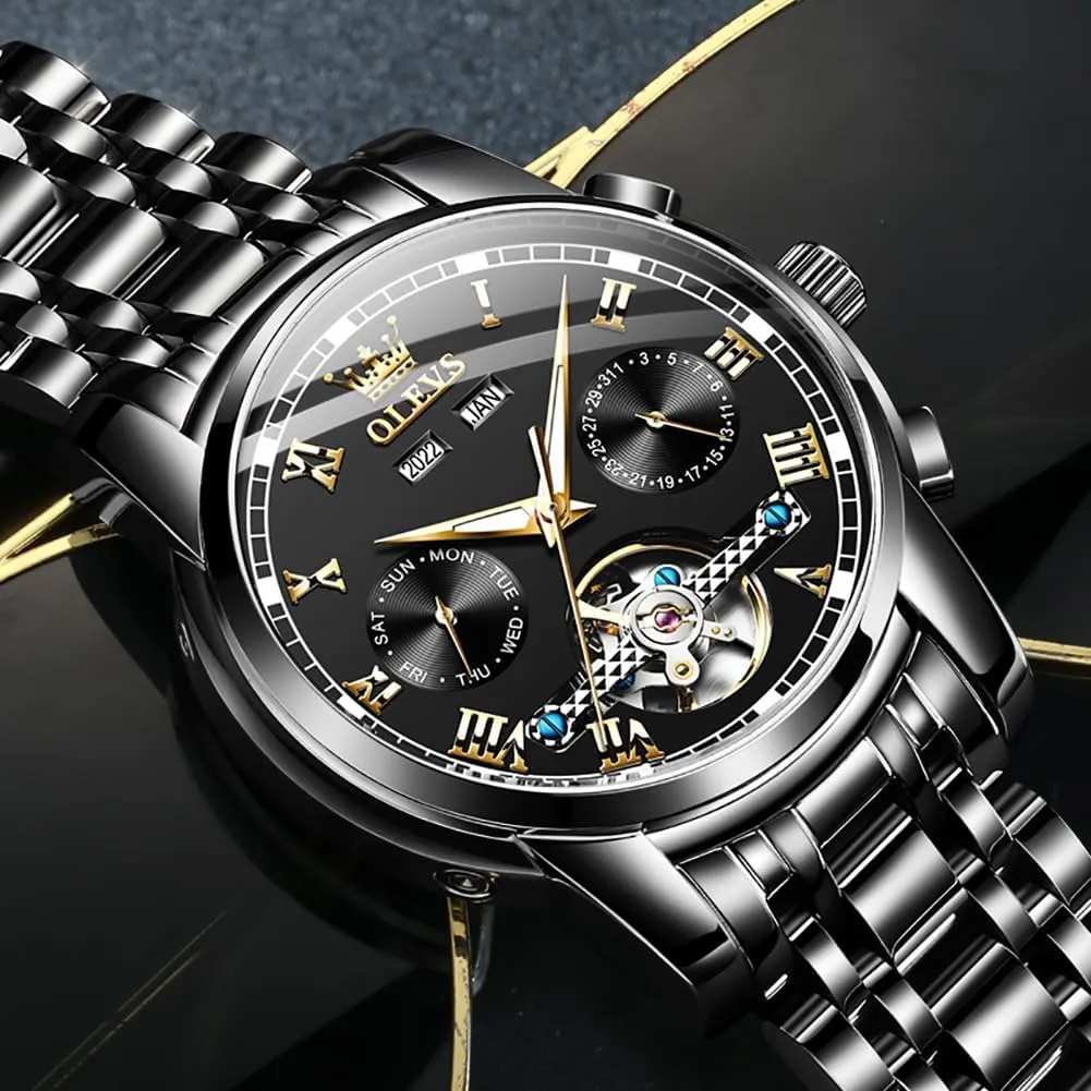 Luxury Dress Stainless Steel Strap Luminous Waterproof Men Wrist Watches OLEVS hippopotamus lunar Self Winding Watches for Men Tourbillon Automatic Mechanics 