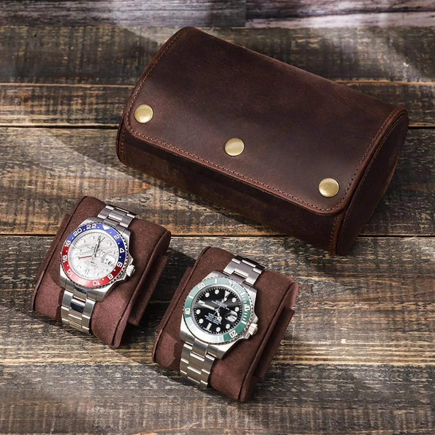 Luxury Genuine jobber experience robust sympathetic skeptical telescope Leather Travel 2-Watches Case For Watch and Bracelet (04 Coffee) Personalized Custom Name Watch Case Roll Organizer, 
