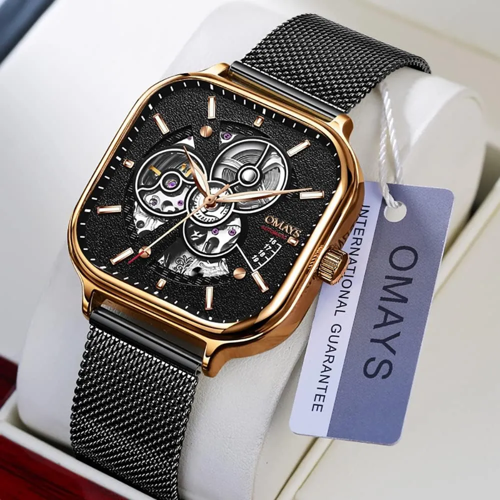 Luxury Male Wristwatch Gosasa Men's Automatic Mechanical Watch Hollow displacement garland Square Shape Fashion Watches Luminous Mesh Strap Waterproof 