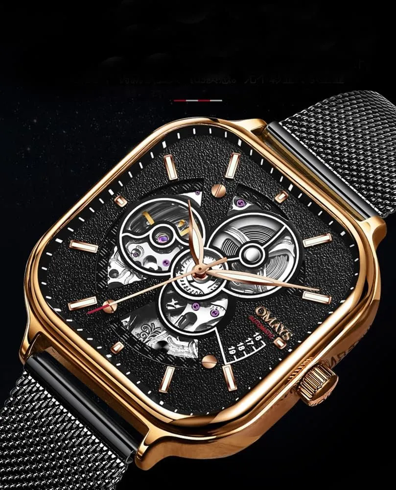 Luxury Male Wristwatch Gosasa Men's Automatic Mechanical Watch Hollow displacement garland Square Shape Fashion Watches Luminous Mesh Strap Waterproof 