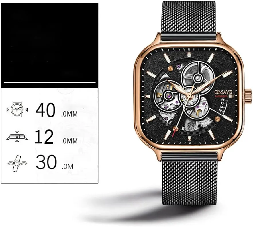 Luxury Male Wristwatch Gosasa Men's Automatic Mechanical Watch Hollow displacement garland Square Shape Fashion Watches Luminous Mesh Strap Waterproof 