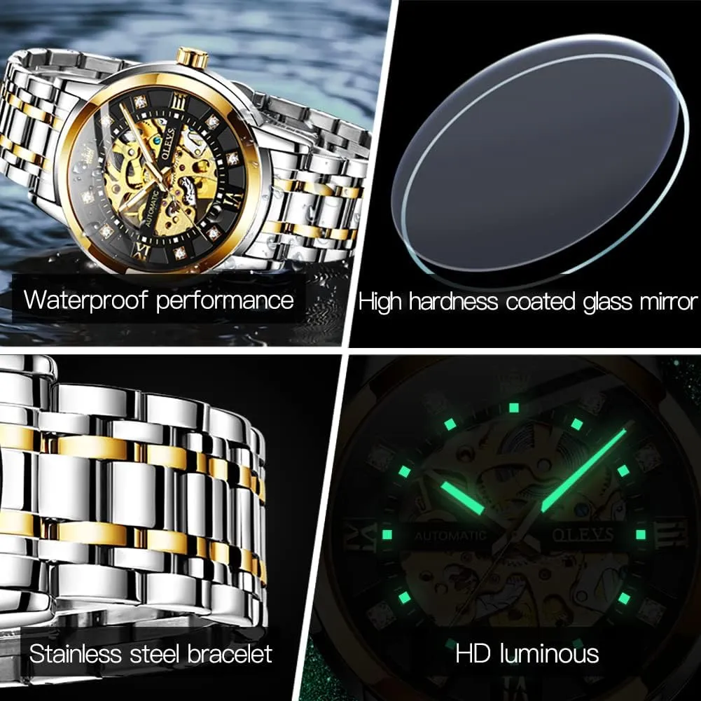 Luxury Mechanical Self Winding Dress Wrist Watch Waterproof Parisian Luminous OLEVS Mens Automatic Watch Skeleton Diamond 