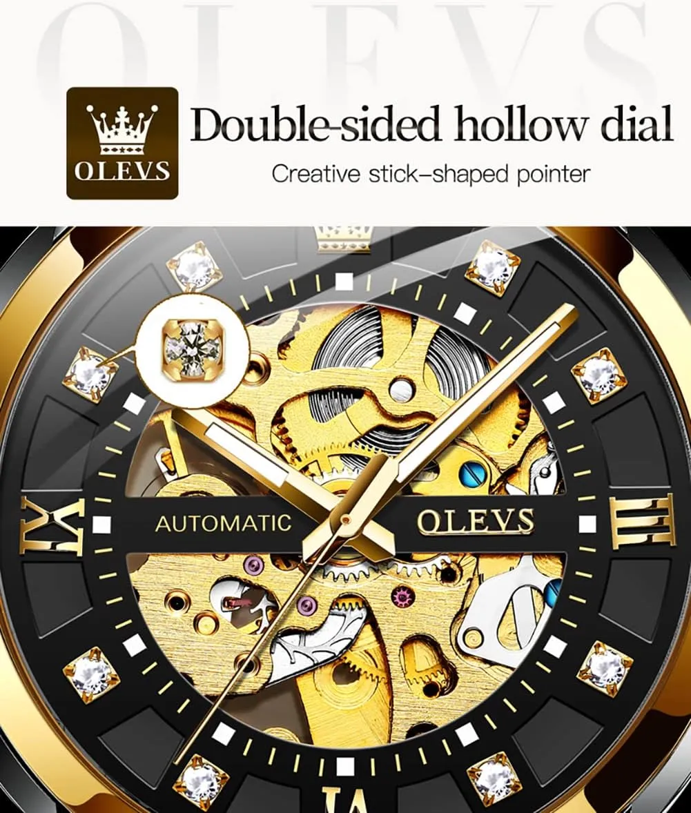 Luxury Mechanical Self Winding Dress Wrist Watch Waterproof Parisian Luminous OLEVS Mens Automatic Watch Skeleton Diamond 