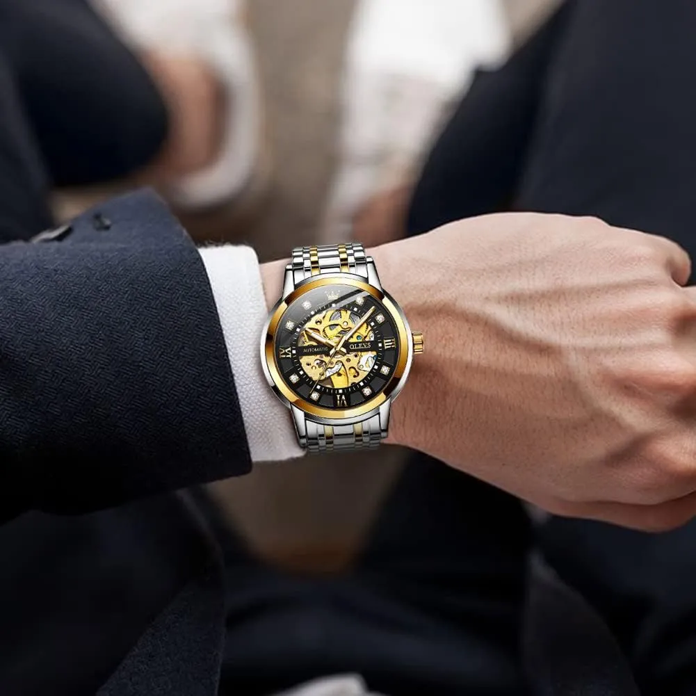 Luxury Mechanical Self Winding Dress Wrist Watch Waterproof Parisian Luminous OLEVS Mens Automatic Watch Skeleton Diamond 