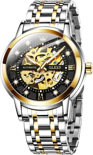 Luxury Mechanical Self Winding Dress Wrist Watch Waterproof Parisian Luminous OLEVS Mens Automatic Watch Skeleton Diamond 