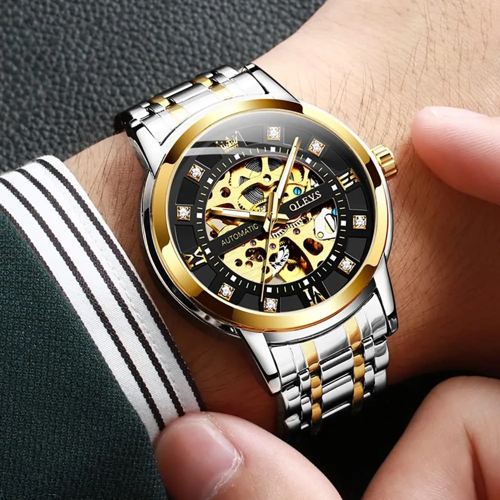Luxury Mechanical Self Winding Dress Wrist Watch Waterproof Parisian Luminous OLEVS Mens Automatic Watch Skeleton Diamond 
