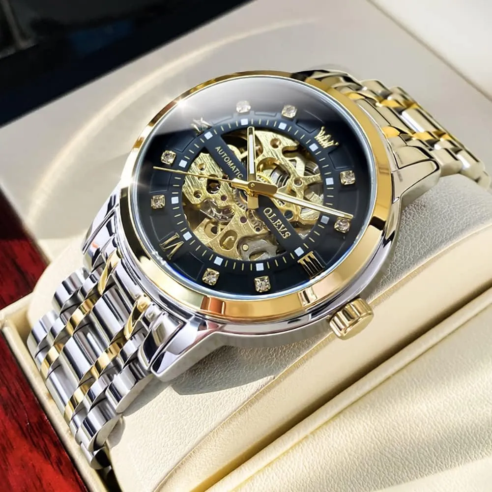 Luxury Mechanical Self Winding Dress Wrist Watch Waterproof Parisian Luminous OLEVS Mens Automatic Watch Skeleton Diamond 