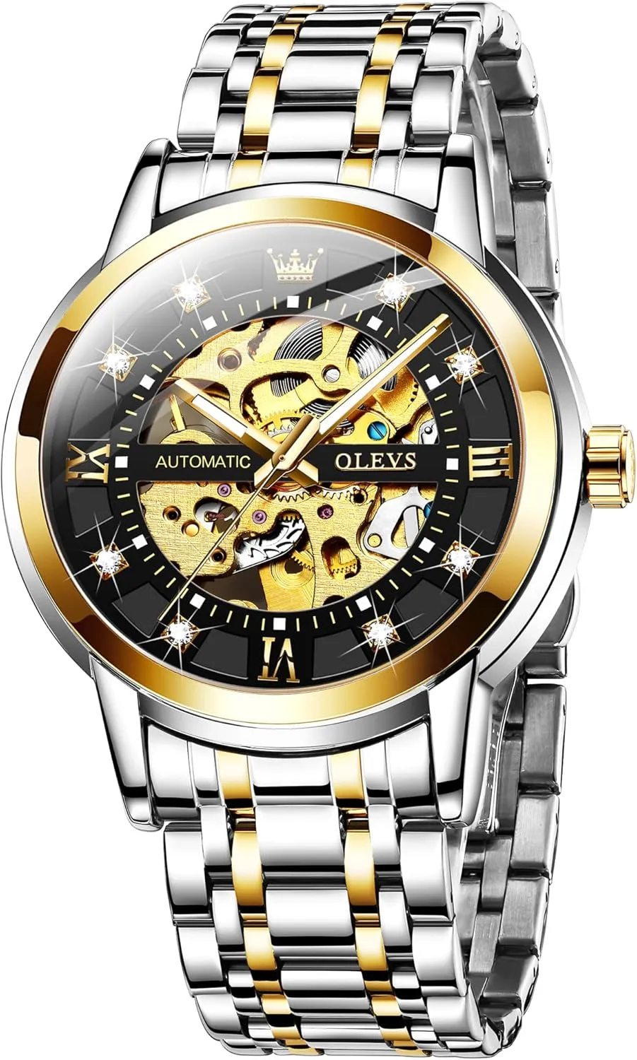 Luxury Mechanical Self Winding Dress Wrist Watch Waterproof Parisian Luminous OLEVS Mens Automatic Watch Skeleton Diamond 