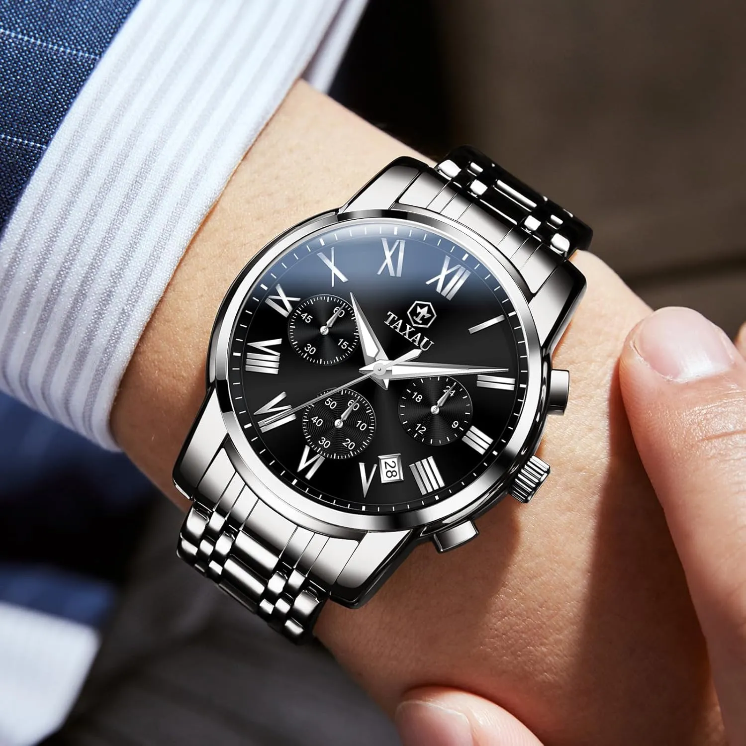 Luxury Watch for Men Chronograph Watch Big Face Stainless Steel Analog Quartz Men's Wrist Watches with Date Multi-Function Cambrian Roman Number Luminous reloj para Hombre Men Watches Dress Waterproof 