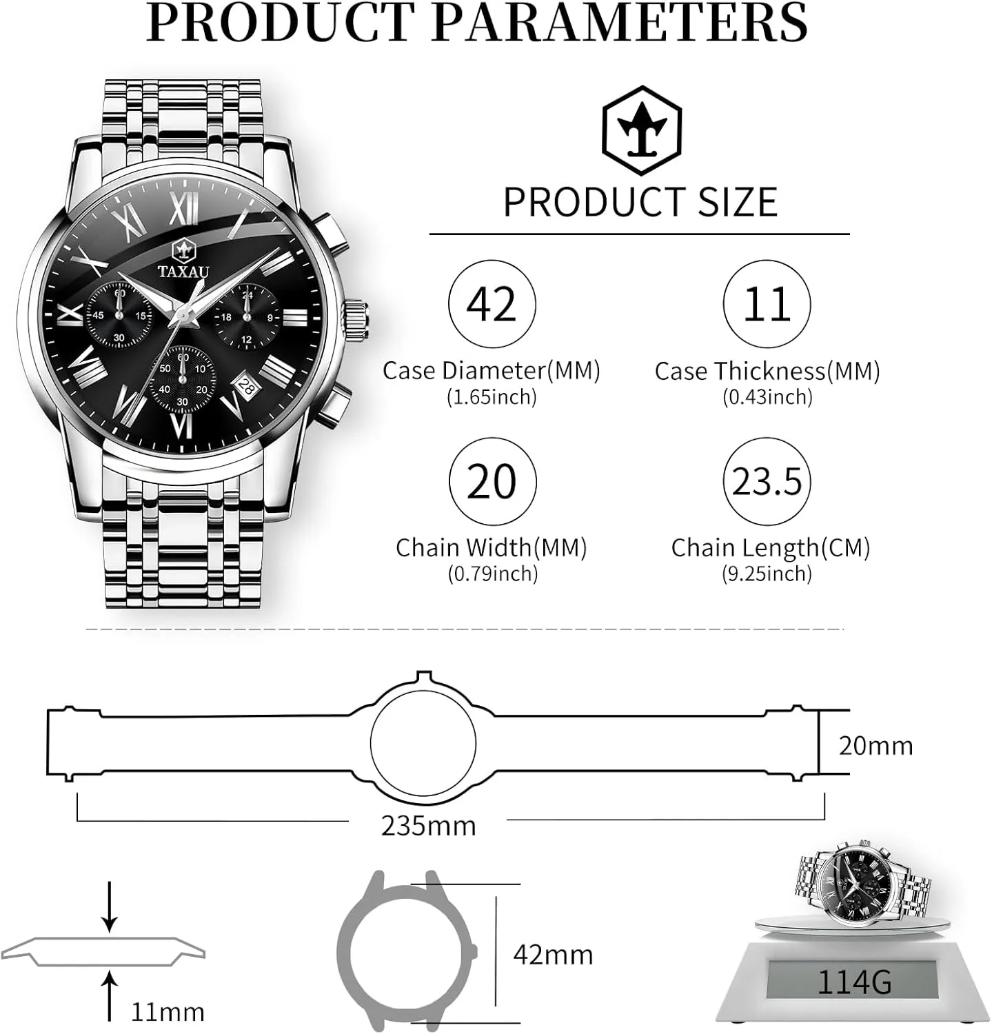 Luxury Watch for Men Chronograph Watch Big Face Stainless Steel Analog Quartz Men's Wrist Watches with Date Multi-Function Cambrian Roman Number Luminous reloj para Hombre Men Watches Dress Waterproof 