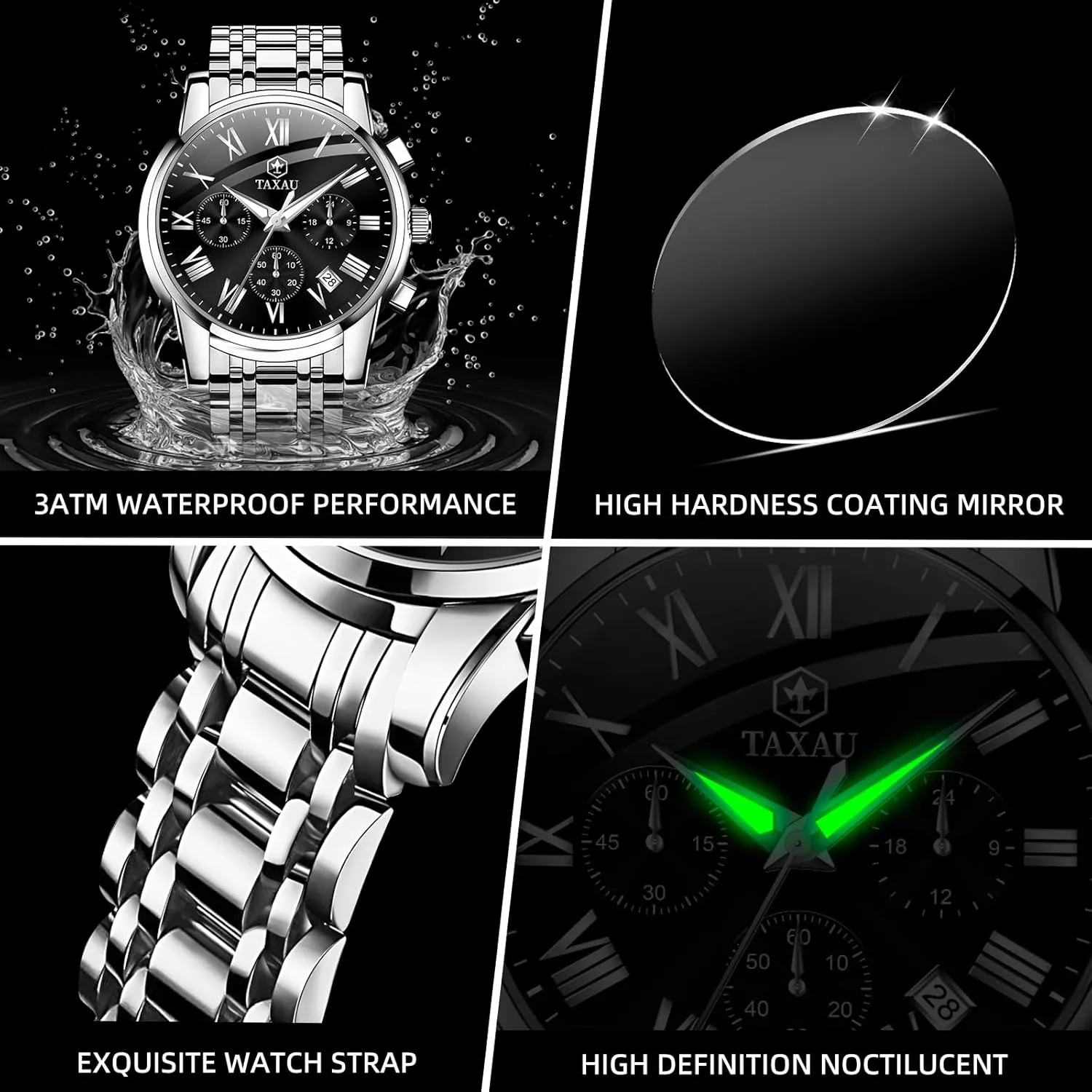 Luxury Watch for Men Chronograph Watch Big Face Stainless Steel Analog Quartz Men's Wrist Watches with Date Multi-Function Cambrian Roman Number Luminous reloj para Hombre Men Watches Dress Waterproof 
