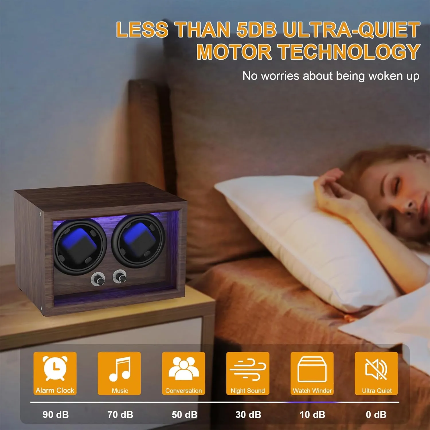 Mabuchi Motor Watch Winder canyon for Automatic Watches,Wooden Watch Rotating Case with LED Light,4 Rotation Modes,Elastic Watch Pillows Quiet 