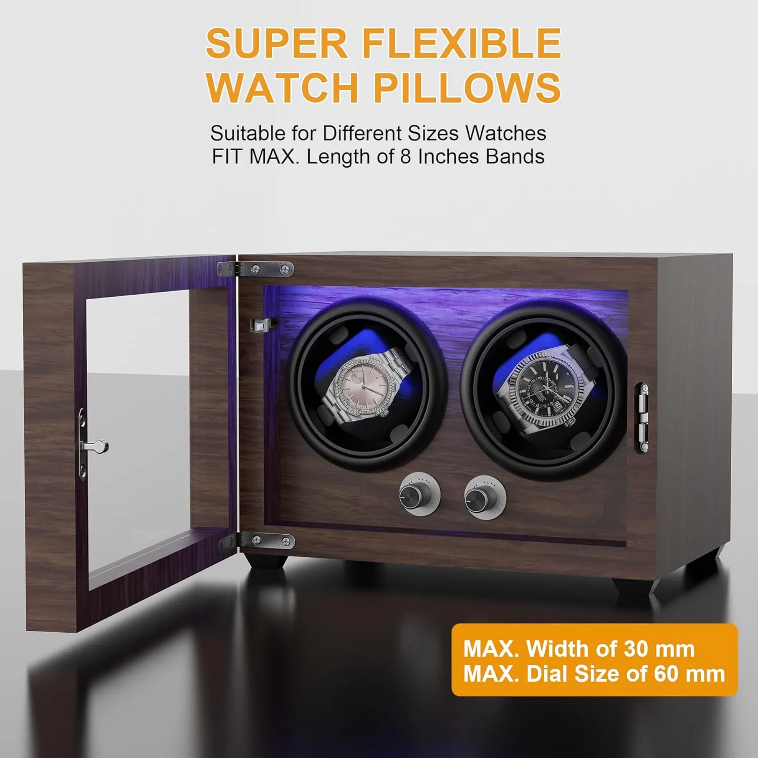 Mabuchi Motor Watch Winder canyon for Automatic Watches,Wooden Watch Rotating Case with LED Light,4 Rotation Modes,Elastic Watch Pillows Quiet 
