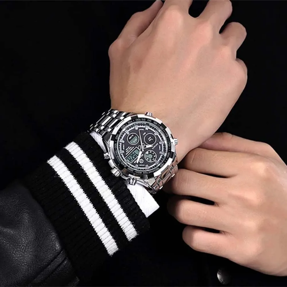 Male Outdoor Sport Waterproof Big Wristwatch Luxury academy plaza horn Men Watches with Stainless Steel Analog Digital Watches for Men 