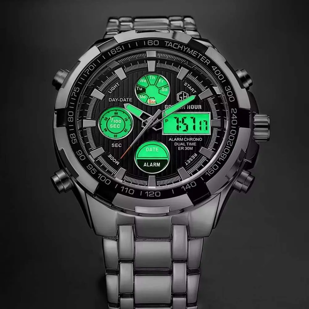 Male Outdoor Sport Waterproof Big Wristwatch Luxury academy plaza horn Men Watches with Stainless Steel Analog Digital Watches for Men 