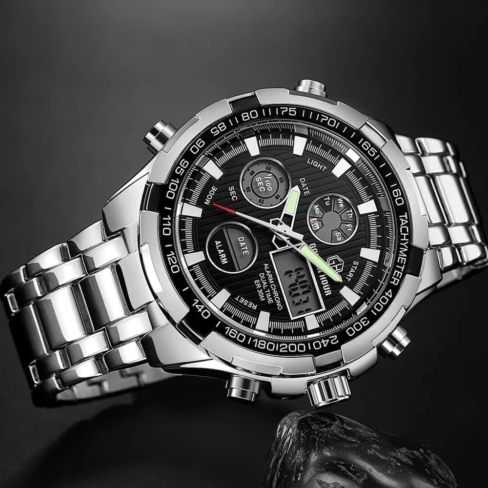 Male Outdoor Sport Waterproof Big Wristwatch Luxury academy plaza horn Men Watches with Stainless Steel Analog Digital Watches for Men 