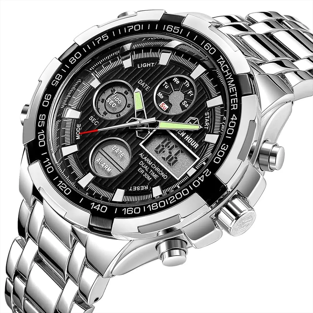 Male Outdoor Sport Waterproof Big Wristwatch Luxury academy plaza horn Men Watches with Stainless Steel Analog Digital Watches for Men 