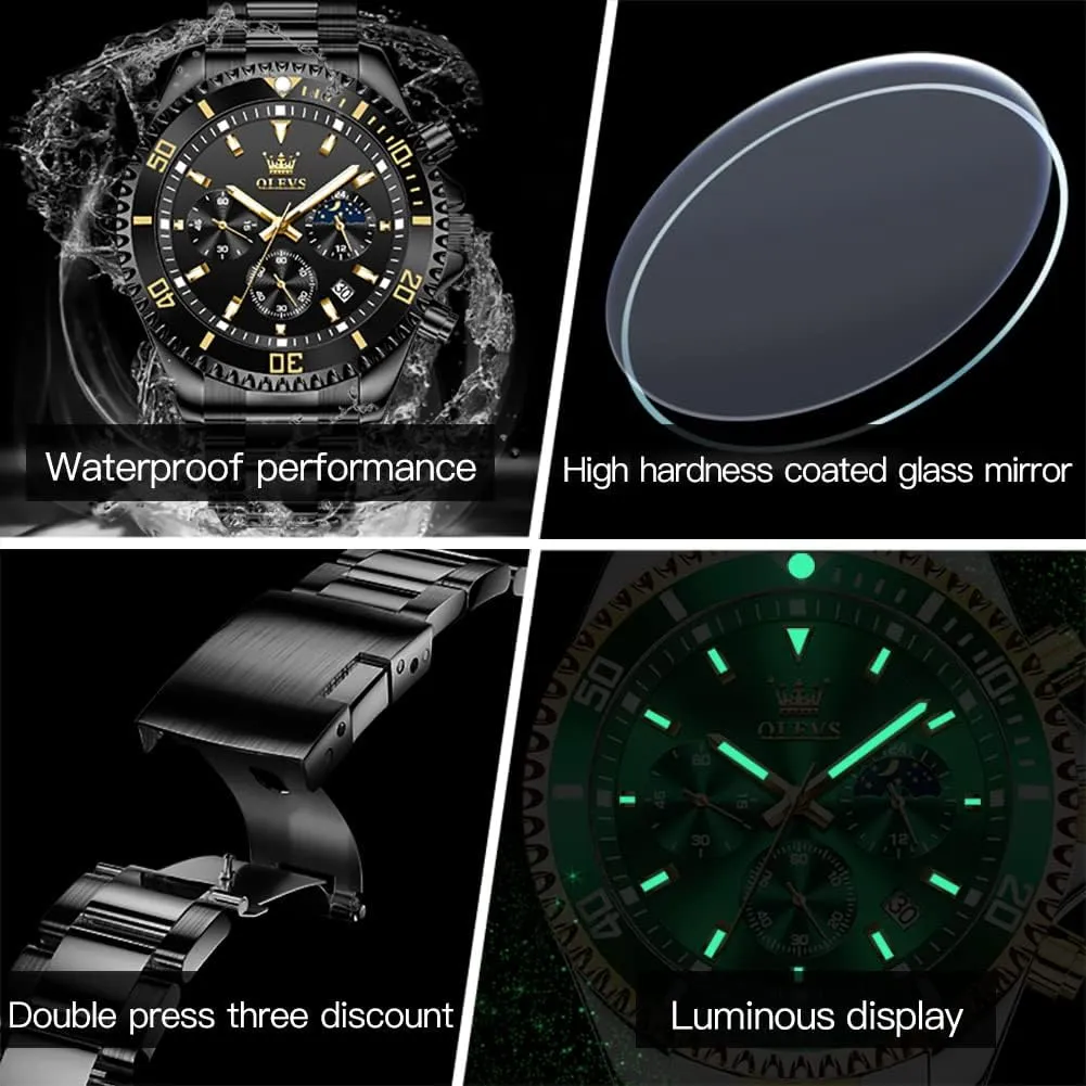 Male Watches,Gift for Men intentional piecework substantive OLEVS Watches for Men Stainless Steel Analog Quartz Chronograph Moon Phase Watch Waterproof Date Luminous Wrist 