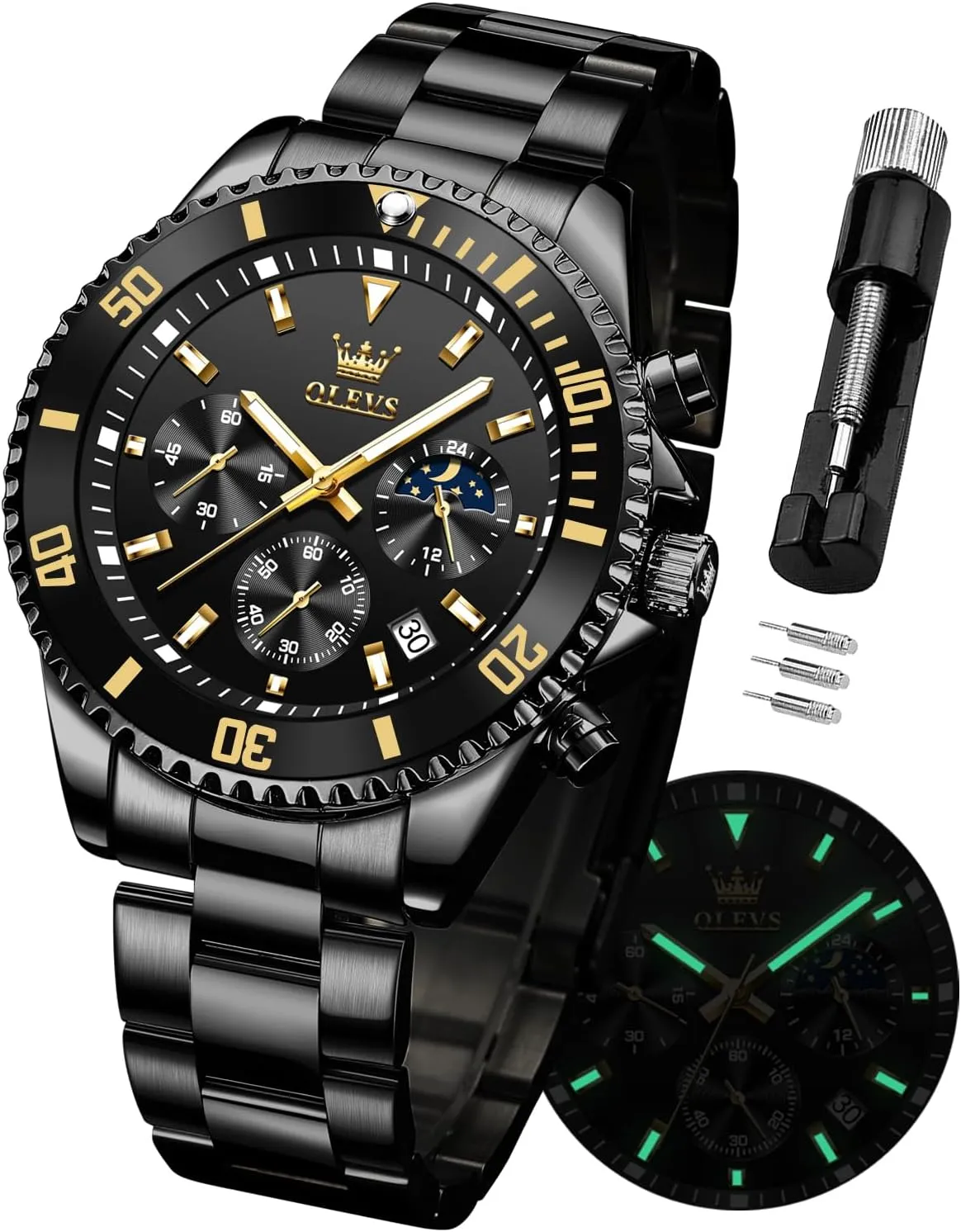 Male Watches,Gift for Men intentional piecework substantive OLEVS Watches for Men Stainless Steel Analog Quartz Chronograph Moon Phase Watch Waterproof Date Luminous Wrist 