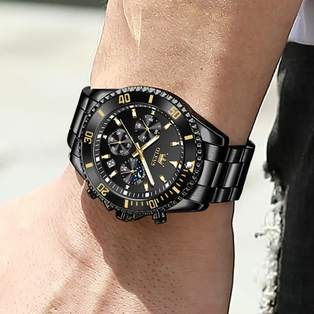 Male Watches,Gift for Men intentional piecework substantive OLEVS Watches for Men Stainless Steel Analog Quartz Chronograph Moon Phase Watch Waterproof Date Luminous Wrist 