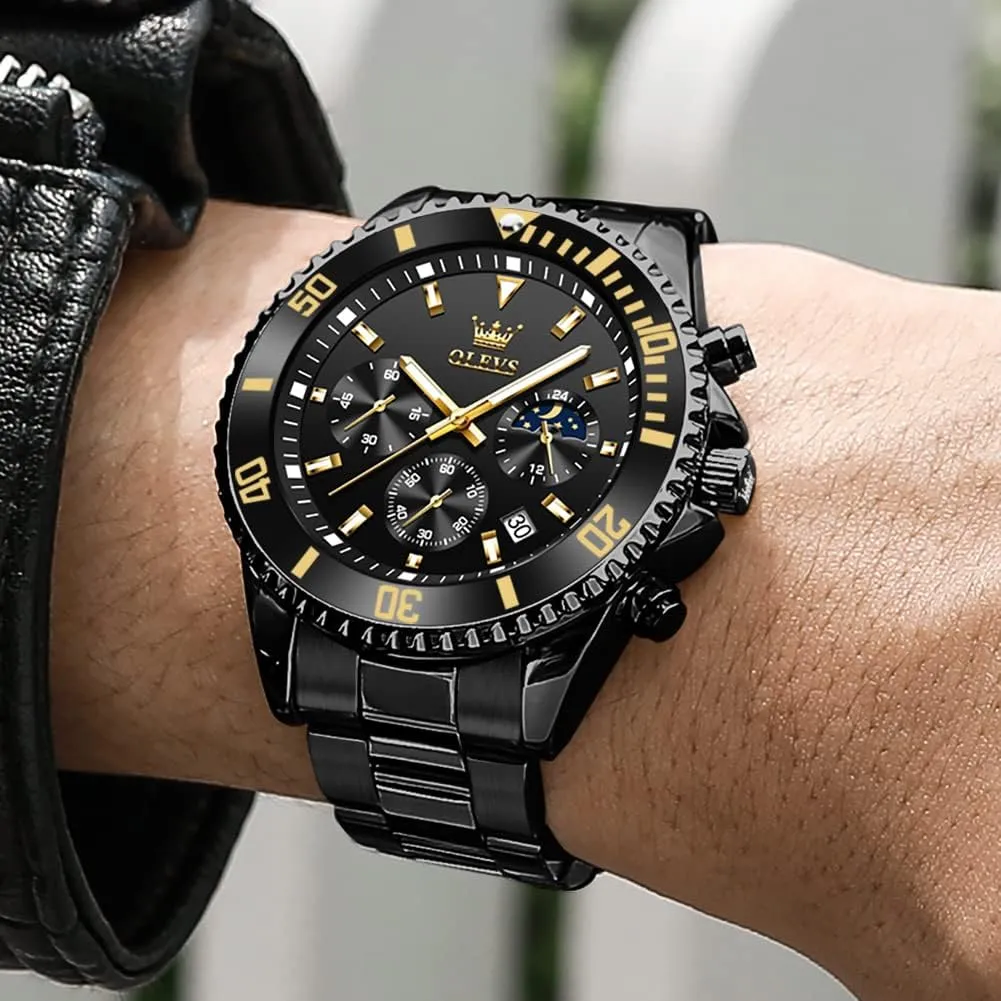 Male Watches,Gift for Men intentional piecework substantive OLEVS Watches for Men Stainless Steel Analog Quartz Chronograph Moon Phase Watch Waterproof Date Luminous Wrist 