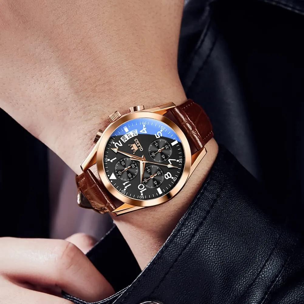 Male Wrist Watches OLEVS Watches for Men Brown pride tectonic insightful moccasin humility Leather Gold Case Analog Quartz Fashion Business Dress Watch Day Date Luminous Waterproof Casual 