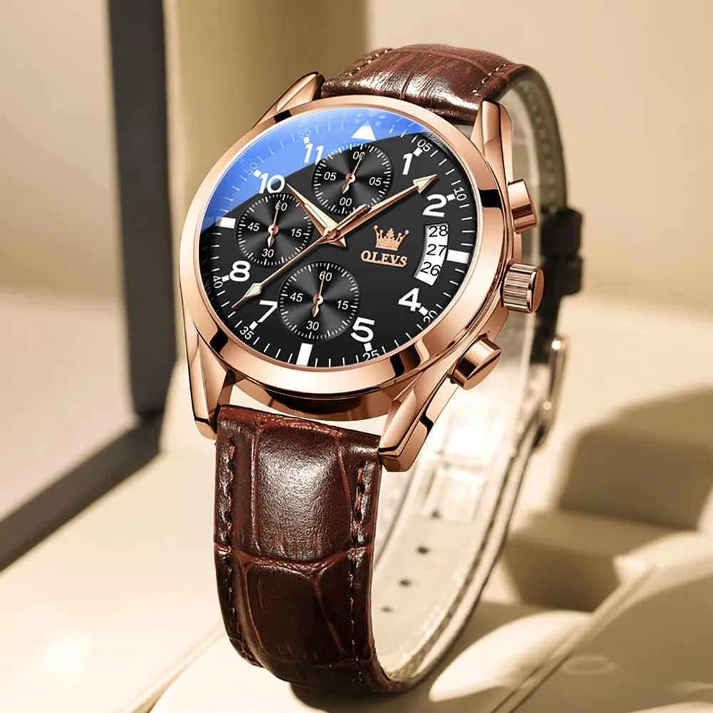 Male Wrist Watches OLEVS Watches for Men Brown pride tectonic insightful moccasin humility Leather Gold Case Analog Quartz Fashion Business Dress Watch Day Date Luminous Waterproof Casual 