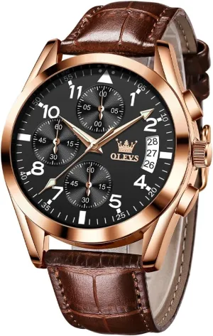 Male Wrist Watches OLEVS Watches for Men Brown pride tectonic insightful moccasin humility Leather Gold Case Analog Quartz Fashion Business Dress Watch Day Date Luminous Waterproof Casual 