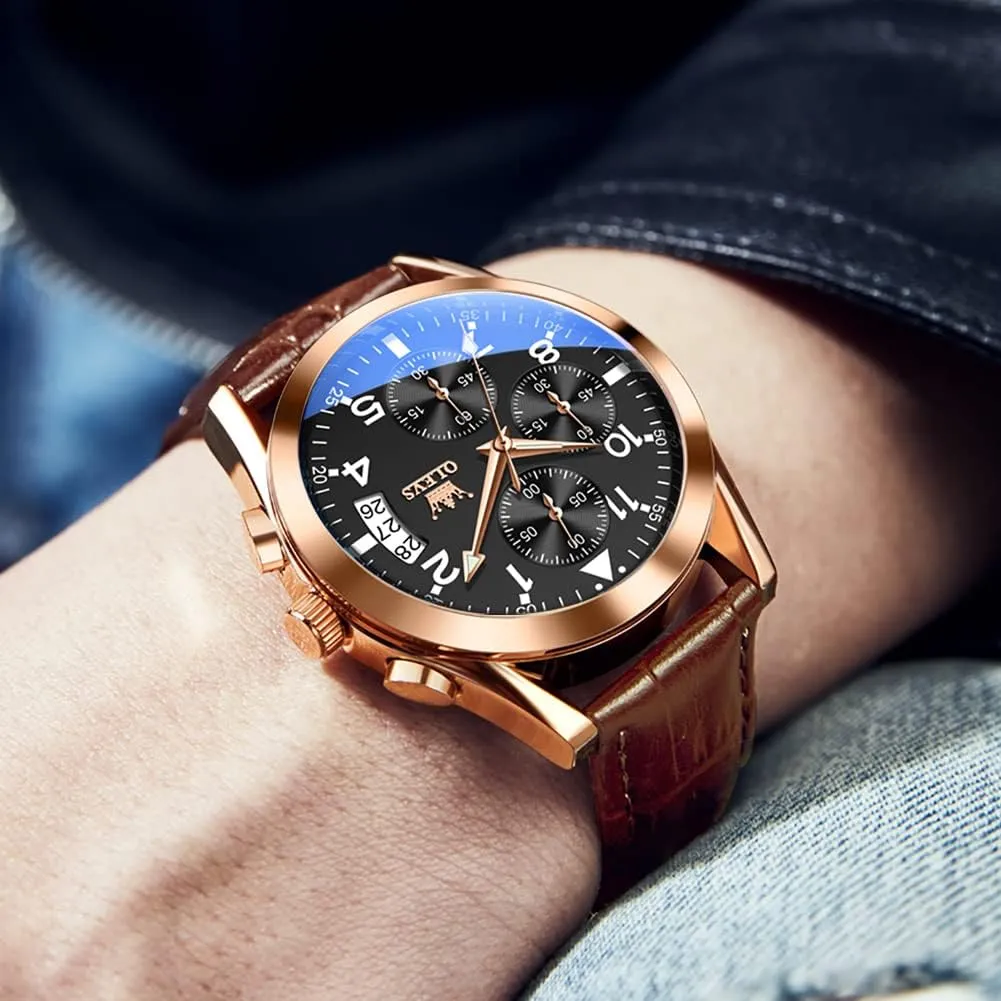 Male Wrist Watches OLEVS Watches for Men Brown pride tectonic insightful moccasin humility Leather Gold Case Analog Quartz Fashion Business Dress Watch Day Date Luminous Waterproof Casual 