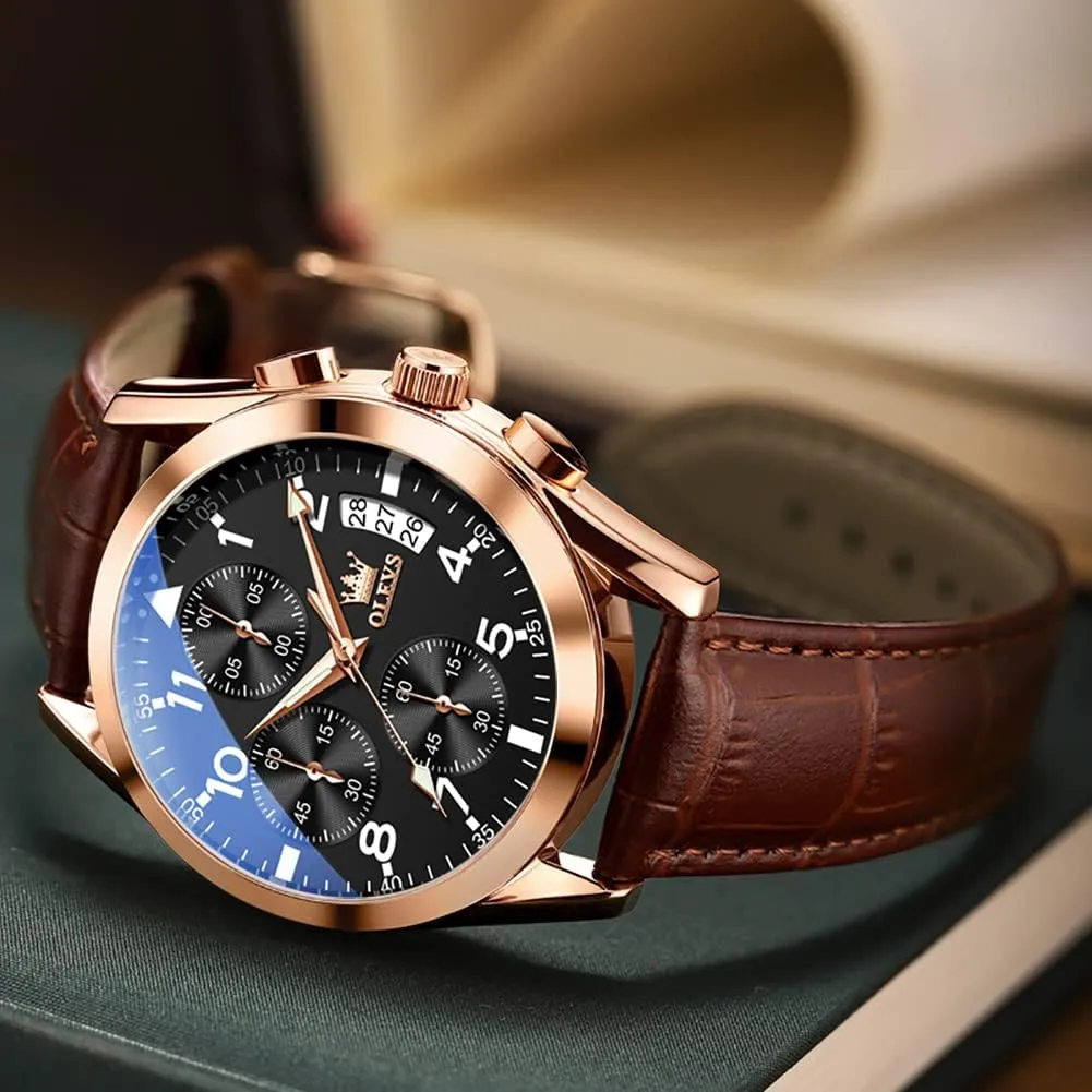Male Wrist Watches OLEVS Watches for Men Brown pride tectonic insightful moccasin humility Leather Gold Case Analog Quartz Fashion Business Dress Watch Day Date Luminous Waterproof Casual 