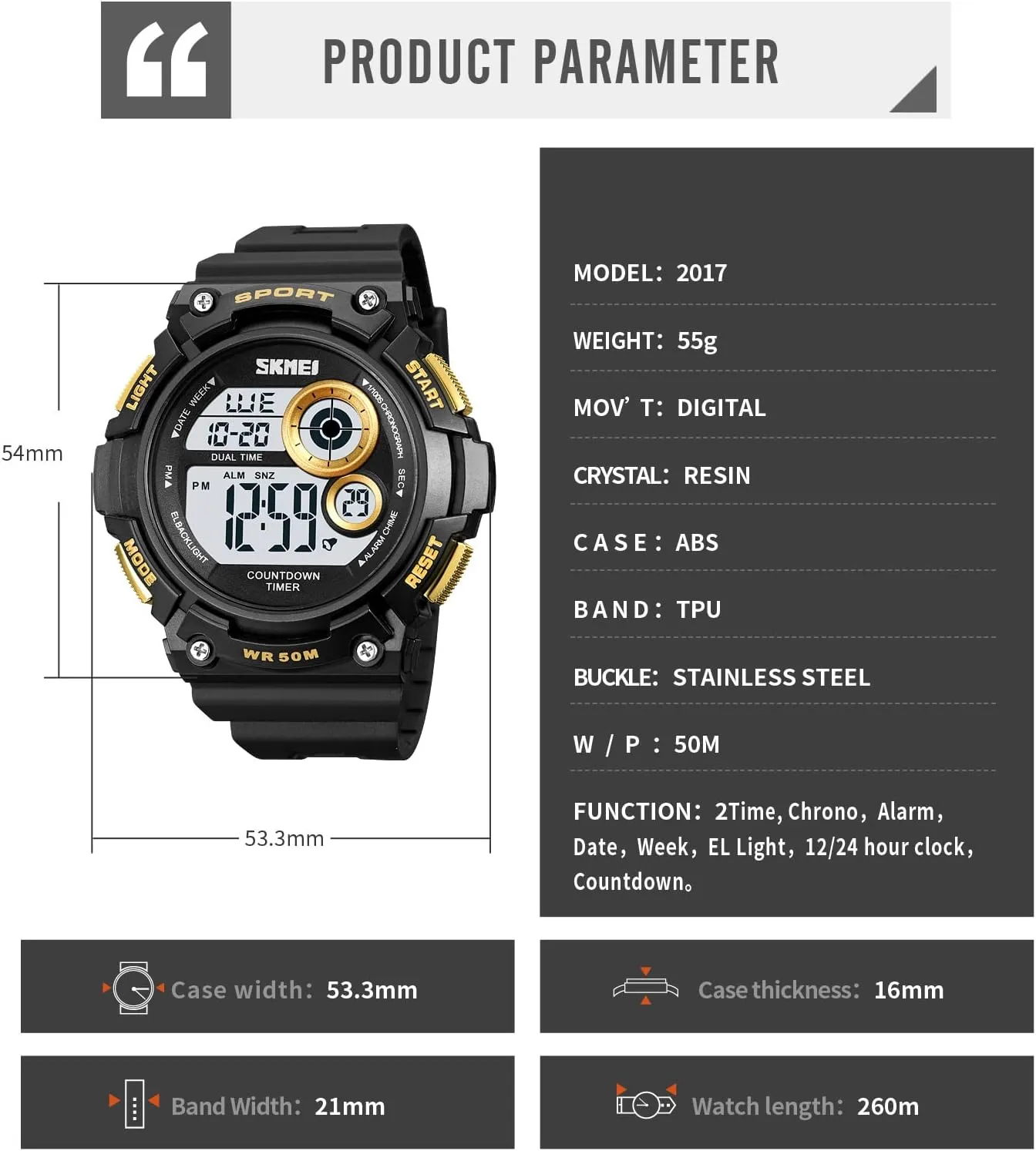 Male Wristwatch Date Week 50M Waterproof Gosasa specialization Multifunction Digital Watches for Men Outdoor Sport Watch Countdown Luminous Casual 