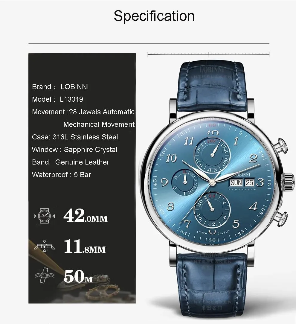 Man,Dress Luxury Gift deteriorate colonization for Men LOBINNI Men's Watch Perpetual Calendar Automatic Mechanical,Sapphire Crystal,Leather Strap,Business Watches for 