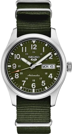 Manual Winding Movement, Green utility Dial, Stainless Steel Case, Green Nylon Strap, 100m Water Resistant, and Day/Date Display SEIKO SRPG33 Watch for Men - 5 Sports - Automatic with 