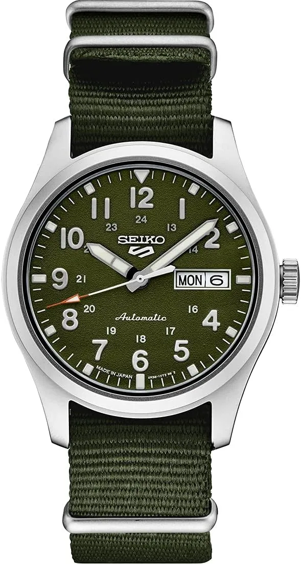 Manual Winding Movement, Green utility Dial, Stainless Steel Case, Green Nylon Strap, 100m Water Resistant, and Day/Date Display SEIKO SRPG33 Watch for Men - 5 Sports - Automatic with 