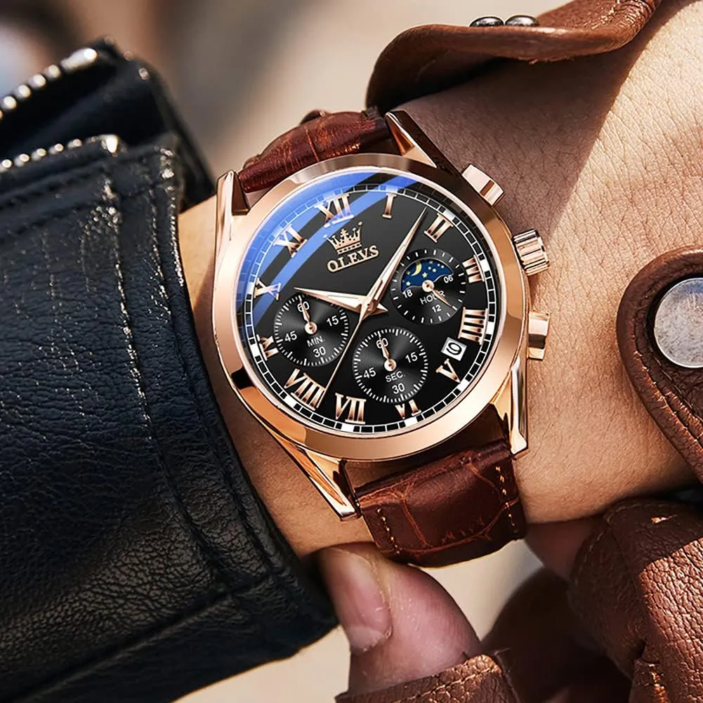 meaningful mood sociably insult eletricity ornament - Luxury Chronograph Wristwatch With Date, Waterproof, Luminous - Dress Style OLEVS Men's Leather Analog Quartz Watch 