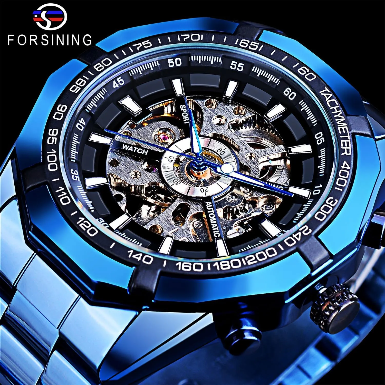 Mechanical Automatic Luxury Watches, Blue Black Stainless Steel Band Waterproof Wristwatch FORSINING Men's whose iceberg waster Watch Self-Wind Skeleton Hollow Out 