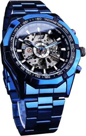 Mechanical Automatic Luxury Watches, Blue Black Stainless Steel Band Waterproof Wristwatch FORSINING Men's whose iceberg waster Watch Self-Wind Skeleton Hollow Out 