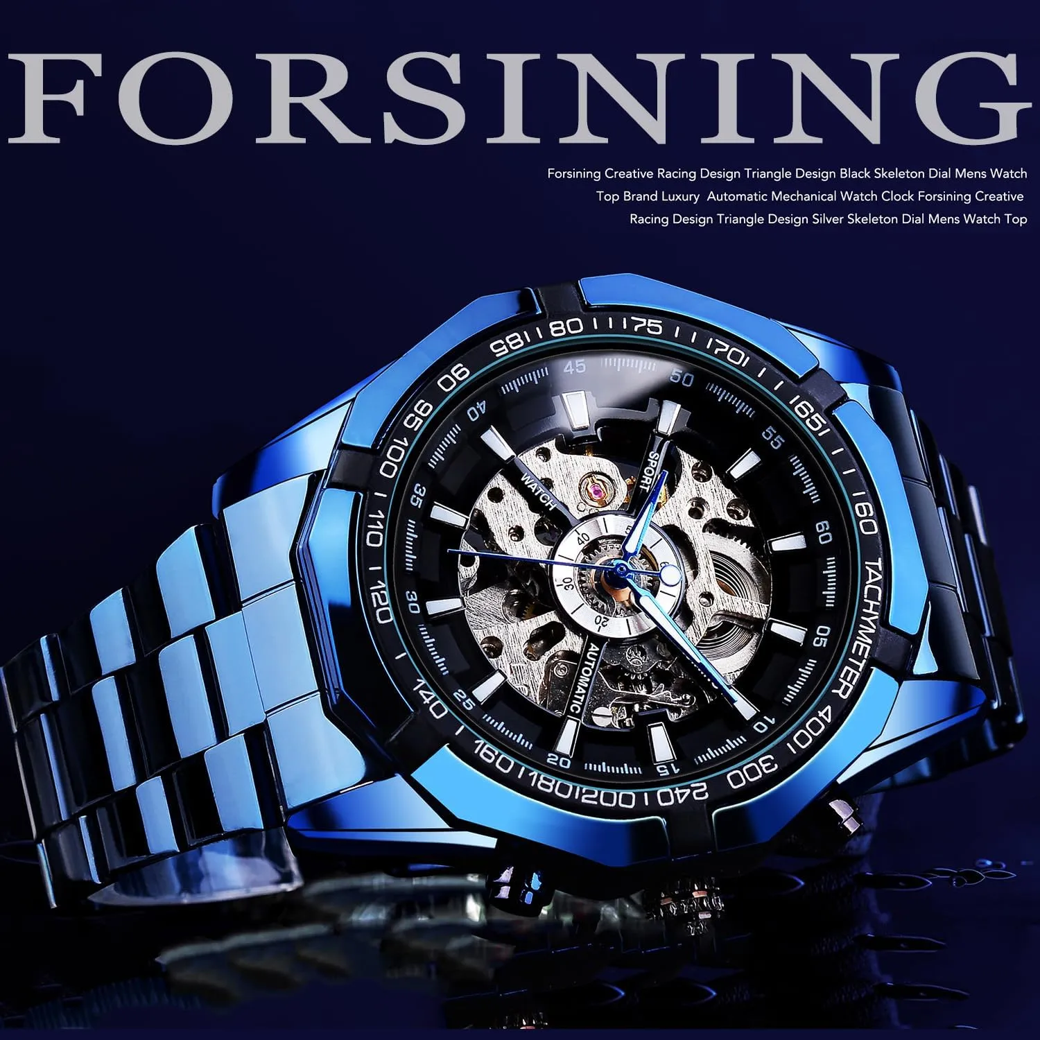 Mechanical Automatic Luxury Watches, Blue Black Stainless Steel Band Waterproof Wristwatch FORSINING Men's whose iceberg waster Watch Self-Wind Skeleton Hollow Out 