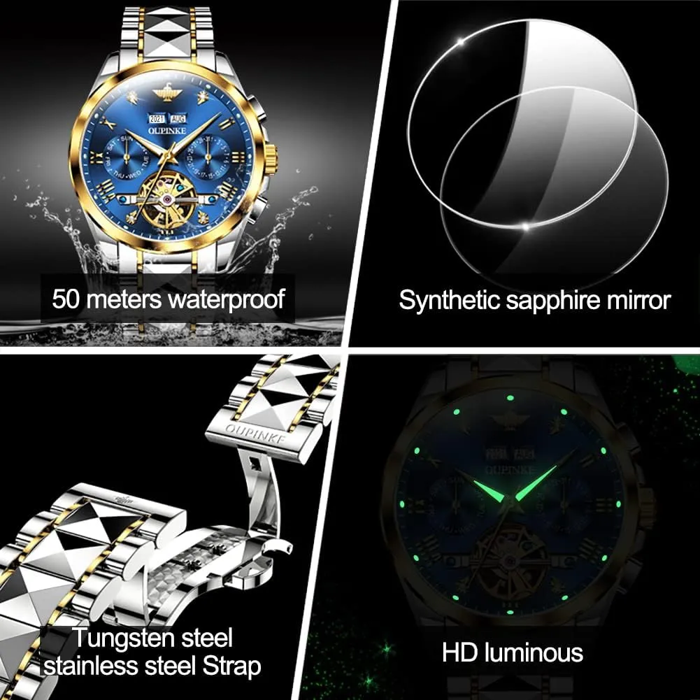 Mechanical Self Winding Luxury Business Dress Wrist Watch Diamond Tungsten Steel Sapphire Crystal Calendar Waterproof purchase Luminous OUPINKE Automatic Watches for Men Skeleton 