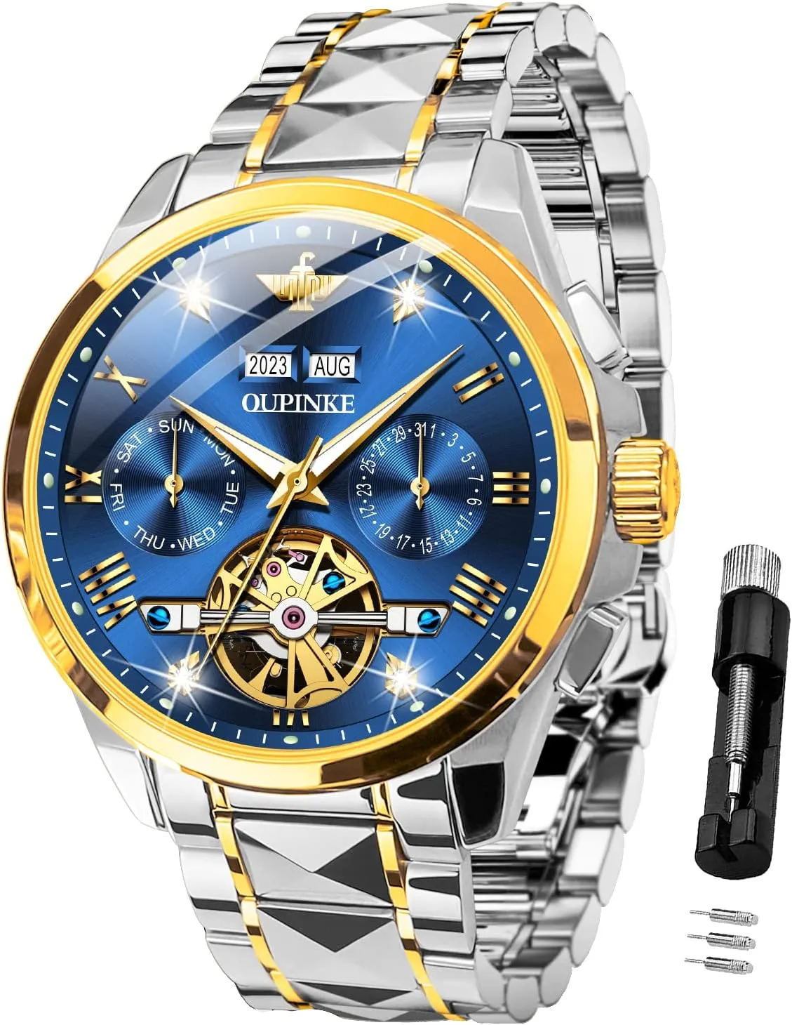 Mechanical Self Winding Luxury Business Dress Wrist Watch Diamond Tungsten Steel Sapphire Crystal Calendar Waterproof purchase Luminous OUPINKE Automatic Watches for Men Skeleton 