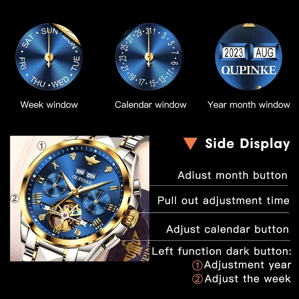 Mechanical Self Winding Luxury Business Dress Wrist Watch Diamond Tungsten Steel Sapphire Crystal Calendar Waterproof purchase Luminous OUPINKE Automatic Watches for Men Skeleton 