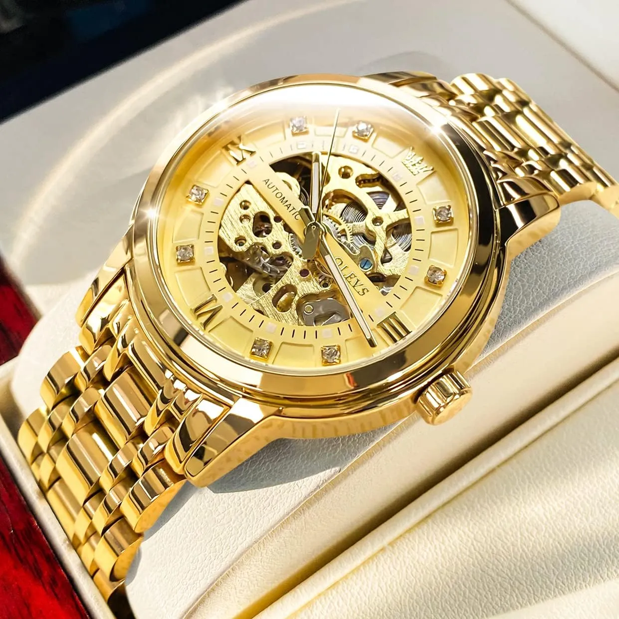 Mechanical self Winding Luxury vision monopoly sizable warmth overt Dress Stainless Steel Waterproof Luminous Wrist Watches OLEVS Men??s Gold Skeleton Watch Automatic 